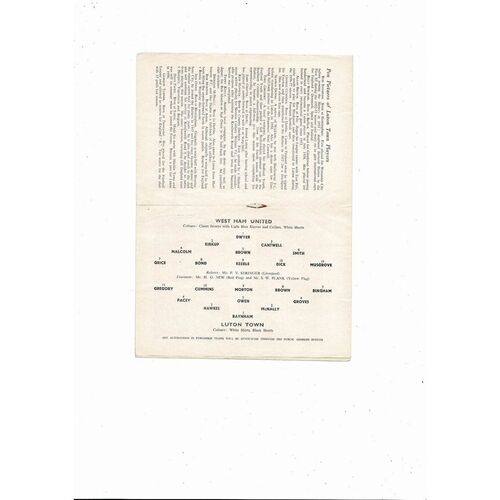 1958/59 West Ham United v Luton Town Football Programme