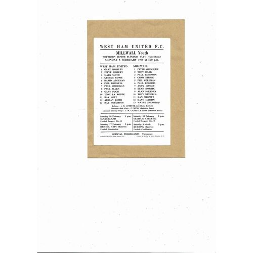 West Ham United v Millwall Southern Jnr Floodlit Cup Football Programme 1978/79