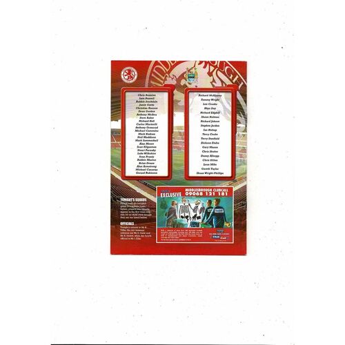 Middlesbrough v Manchester City Reserve League Football Programme 2000/01