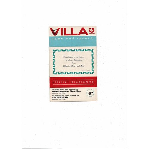 1966/67 Aston Villa v Sunderland & Wolves Reserves Double Football Programme