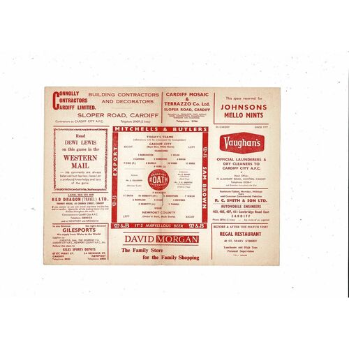 1961/62 Cardiff City v Newport County Welsh Cup Football Programme