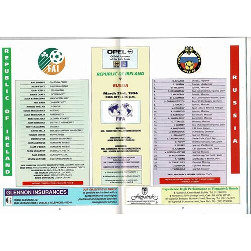 1994 Republic of Ireland v Russia Football Programme