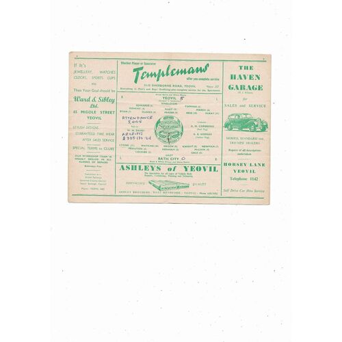 1954/55 Yeovil Town v Bath City Southern League Football Programme