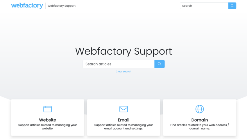 screenshot of the Webfactory support knowledge base