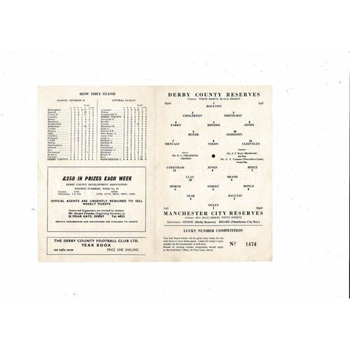 Derby County v Manchester City Central League Football Programme 1966/67