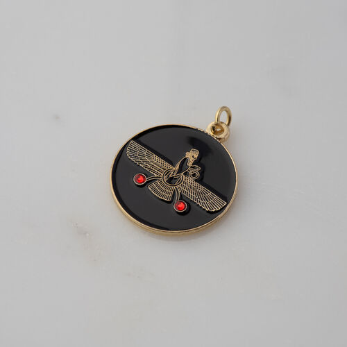 Round Pendant. Vintage Farvahar with Two Red Stones.