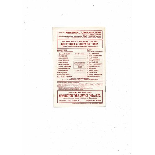 1971/72 Brentford v Bury Football Programme + Team sheet