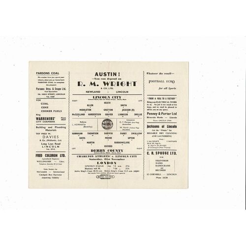 1959/60 Lincoln City v Derby County Football Programme