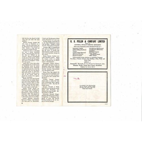 1956/57 Brentford v Swindon Town Football Programme