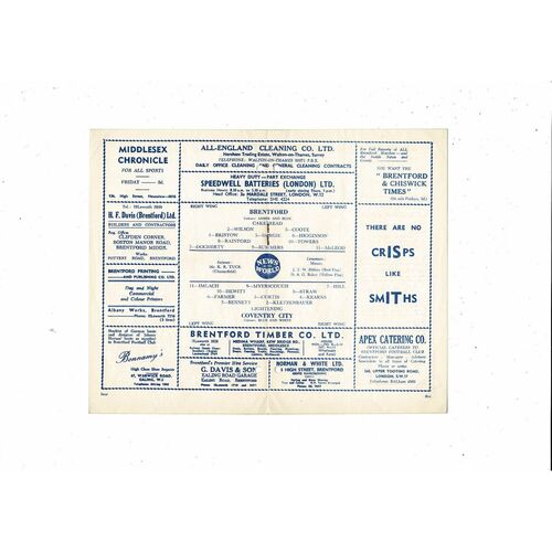 1960/61 Brentford v Coventry City Football Programme