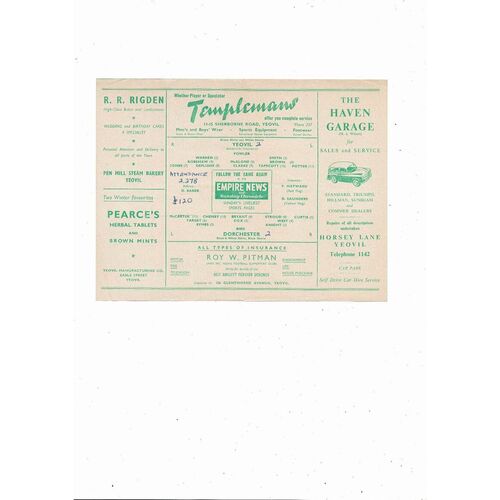 Yeovil Town v Dorchester Western League Football Programme 1956/57