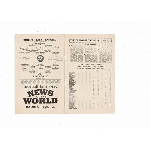 1958/59 Queens Park Rangers v Rochdale Football Programme