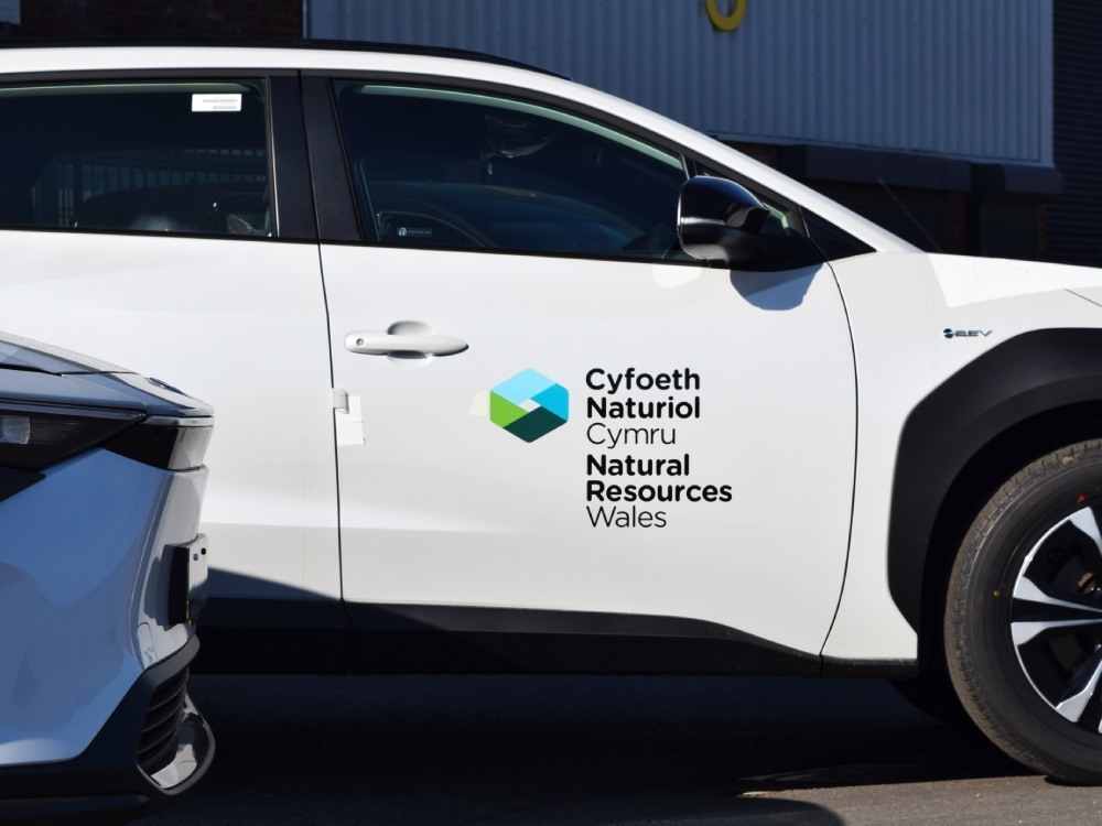 Branded vinyl graphics on door of white Toyota BZ4X company car.