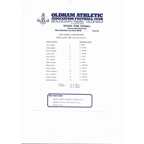Oldham Athletic v Doncaster Rovers Central League Football Programme 1987/88