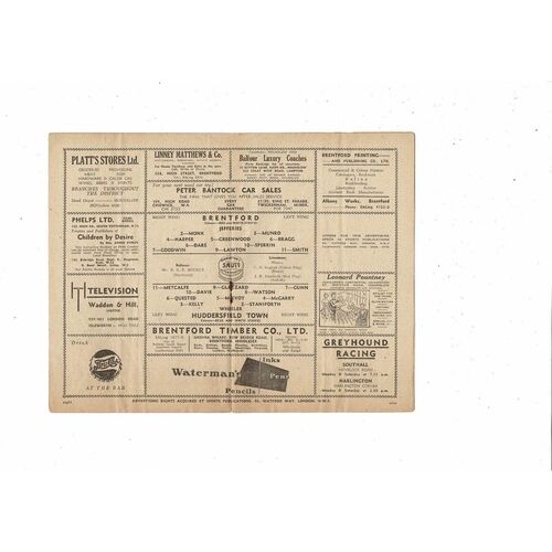 1952/53 Brentford v Huddersfield Town Football Programme