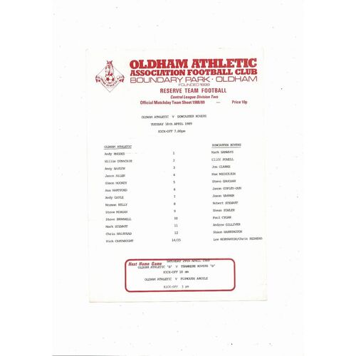 Oldham Athletic v Doncaster Rovers Central League Football Programme 1988/89