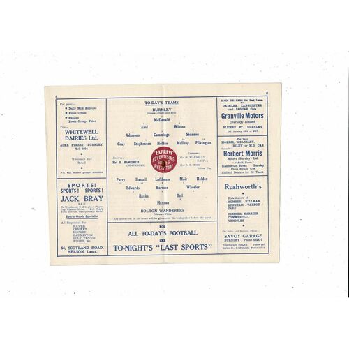 1954/55 Burnley v Bolton Wanderers Football Programme
