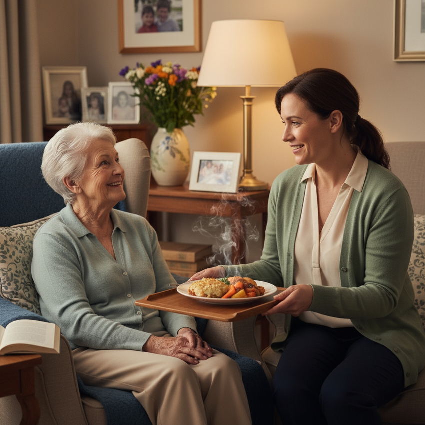 Carer serving an elderly woman a warm evening meal in her living room, both smiling in a calm and homely setting – showing comfort, dignity, and compassionate support at home – Your Care Bristol