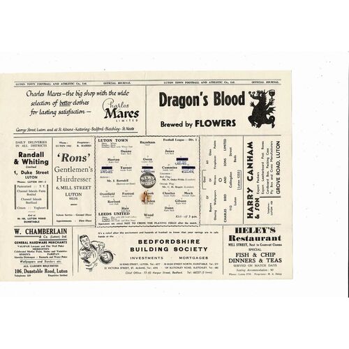 1956/57 Luton Town v Leeds United Football Programme