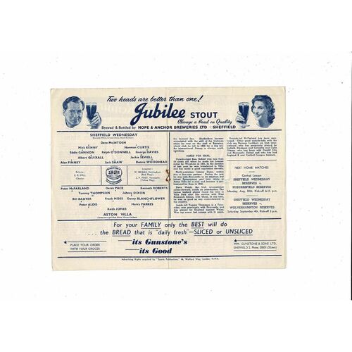 1954/55 Sheffield Wednesday v Aston Villa Football Programme