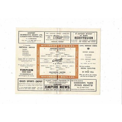 1954/55 Newport County v Colchester United Football Programme