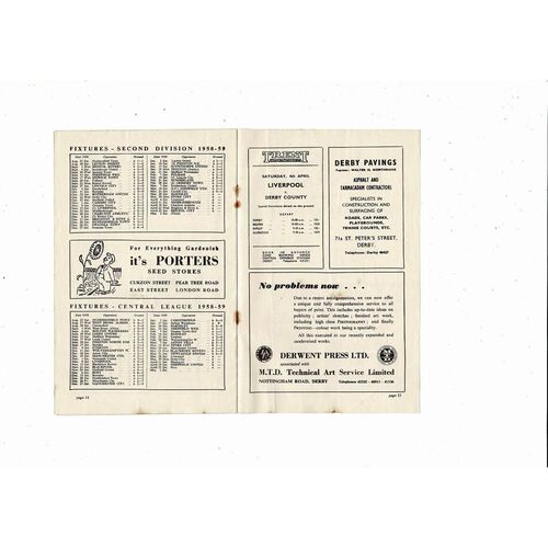 1958/59 Derby County v Barnsley Football Programme