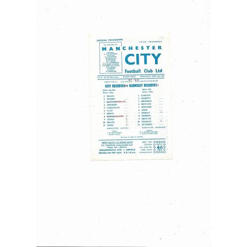 Manchester City v Barnsley Central League Football Programme 1966/67