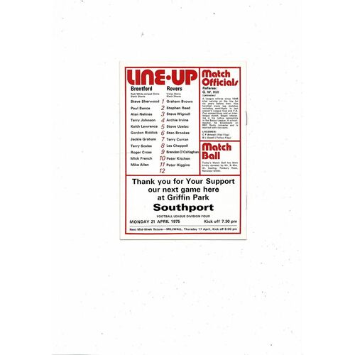 1974/75 Brentford v Doncaster Rovers Football Programme
