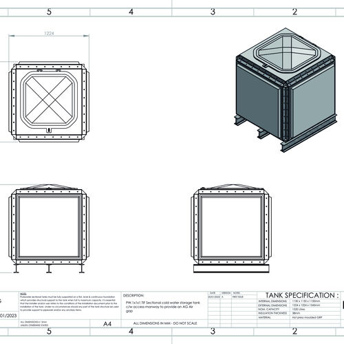 PW.1X1X1.TIF.AG - 1520 LITRE SECTIONAL WATER TANK, TOTALLY INTERNALLY FLANGED (TIF)