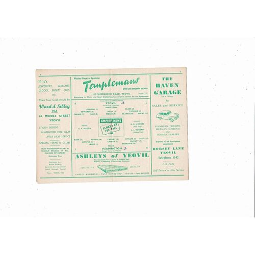 1955/56 Yeovil Town v Headington Southern League Football Programme