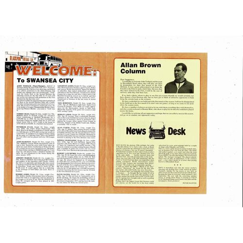 Blackpool v Swansea Friendly Football Programme 1981/82