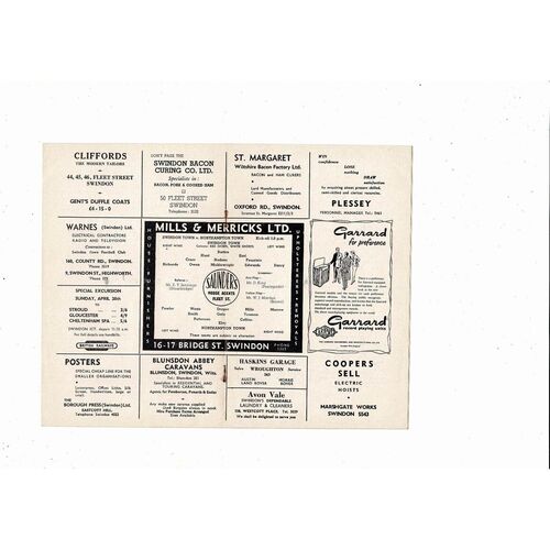 1956/57 Swindon Town v Northampton Town Football Programme