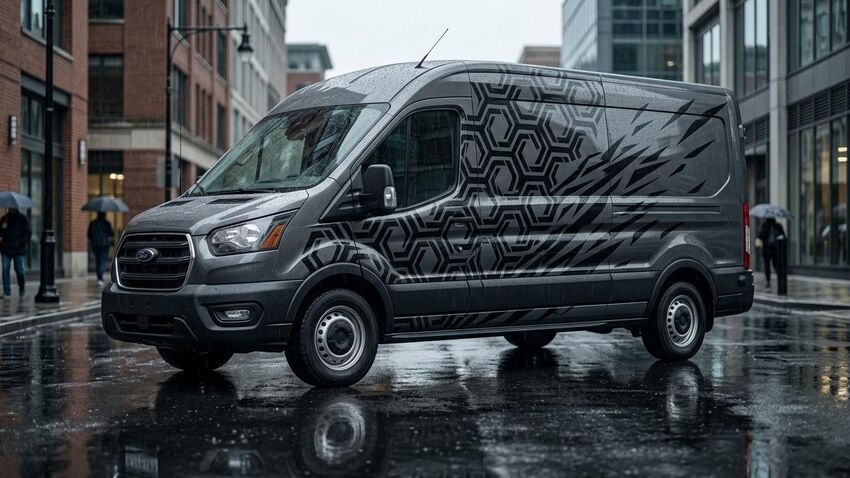 A charcoal grey commercial van with a gloss black geometric honeycomb vinyl wrap design parked on a wet urban street during rain.