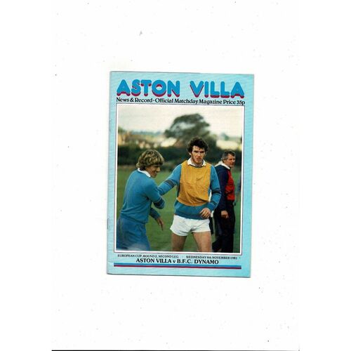 Aston Villa v B.F.C. Dynamo European Cup Football Programme 1981/82