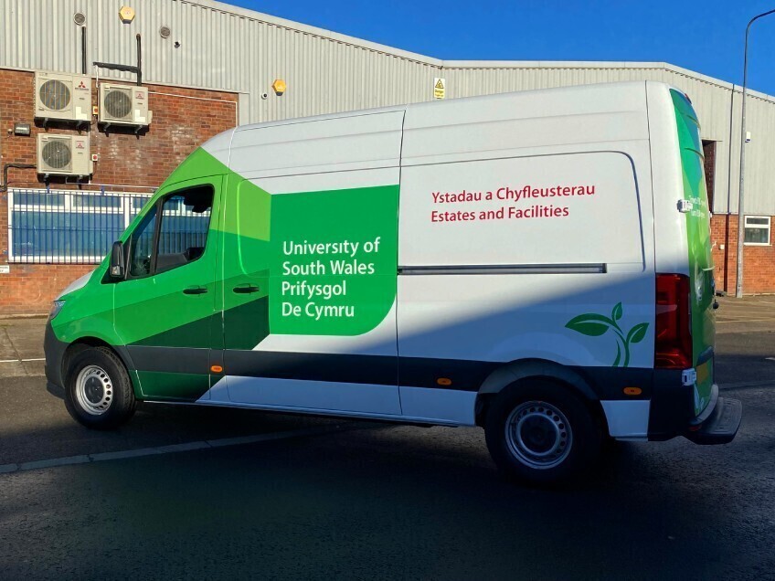Mercedes eSprinter van with newly installed vehicle wrap and graphics.