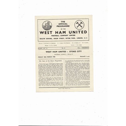 1955/56 West Ham United v Stoke City Football Programme