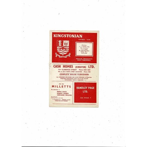 1957/58 Kingstonian v Erith & Belvedere Sporter Challenge Cup Football Programme