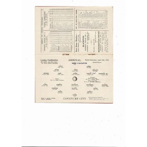 1938/39 Arsenal v Coventry City London Combination Football Programme