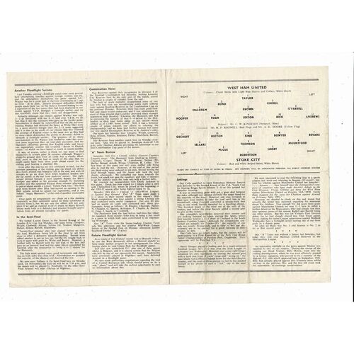 1954/55 West Ham United v Stoke City Football Programme