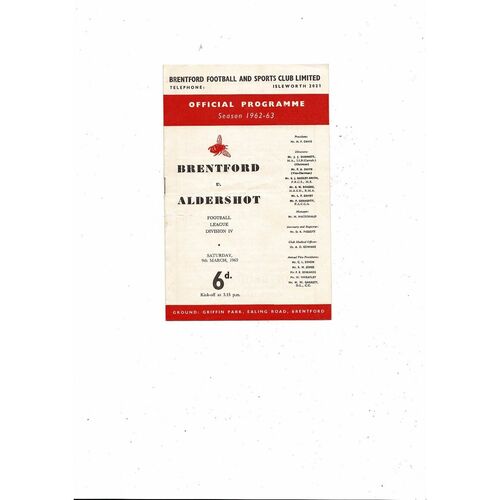 1962/63 Brentford v Aldershot Football Programme
