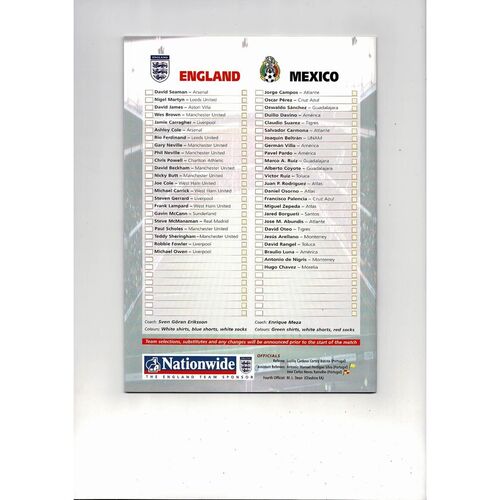 2001 England v Mexico Football Programme @ Derby County