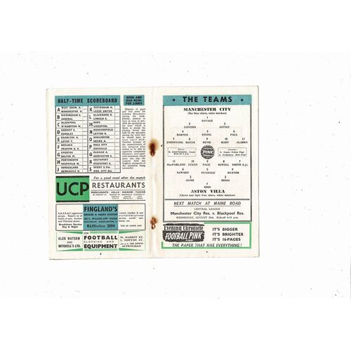 1956/57 Manchester City v Aston Villa Football Programme