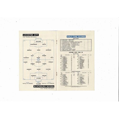 1958/59 Leicester City v Blackburn Rovers Football Programme