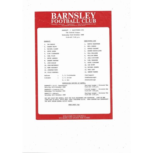 Barnsley v Manchester City Central League Football Programme 1988/89