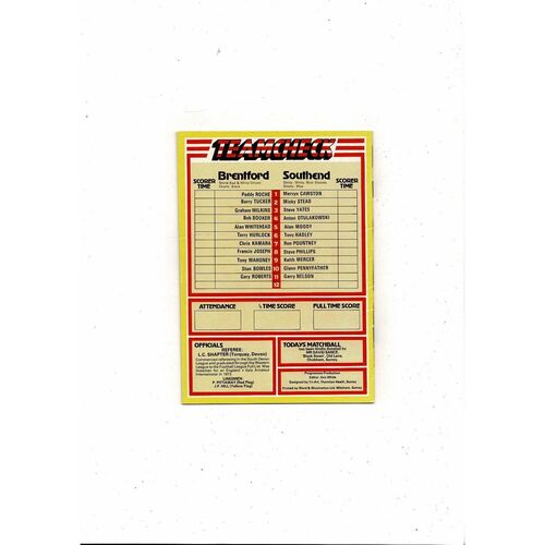 1982/83 Brentford v Southend United Football Programme