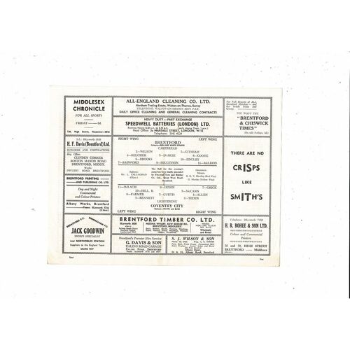 1961/62 Brentford v Coventry City Football Programme