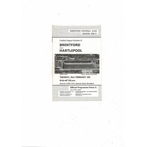 1970/71 Brentford v Hartlepool United Football Programme