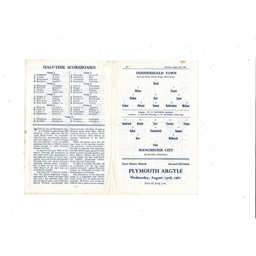 Huddersfield Town v Manchester City Central League Football Programme 1961/62