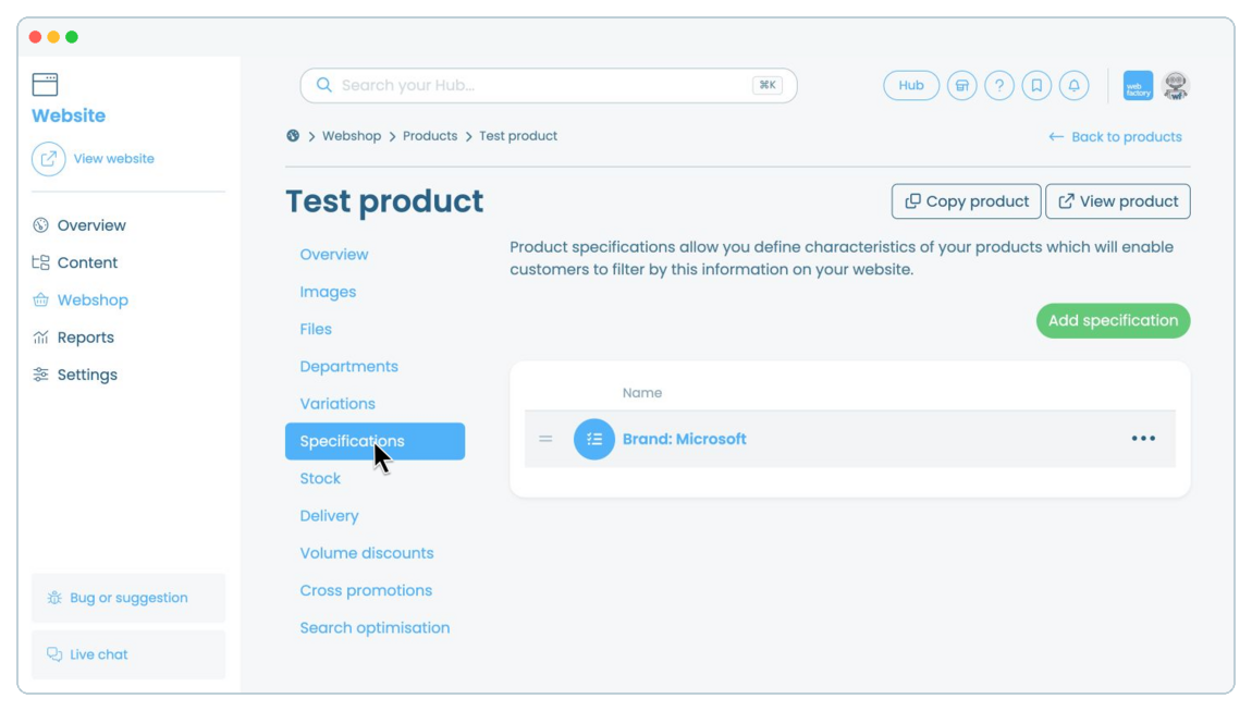How to add and manage product specifications | Webfactory Support | Webfactory