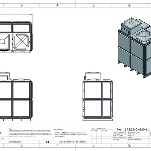 PW.2X1.5X2.TIF.AB - 7627 LITRE SECTIONAL WATER TANK, TOTALLY INTERNALLY FLANGED (TIF) C/W FVH